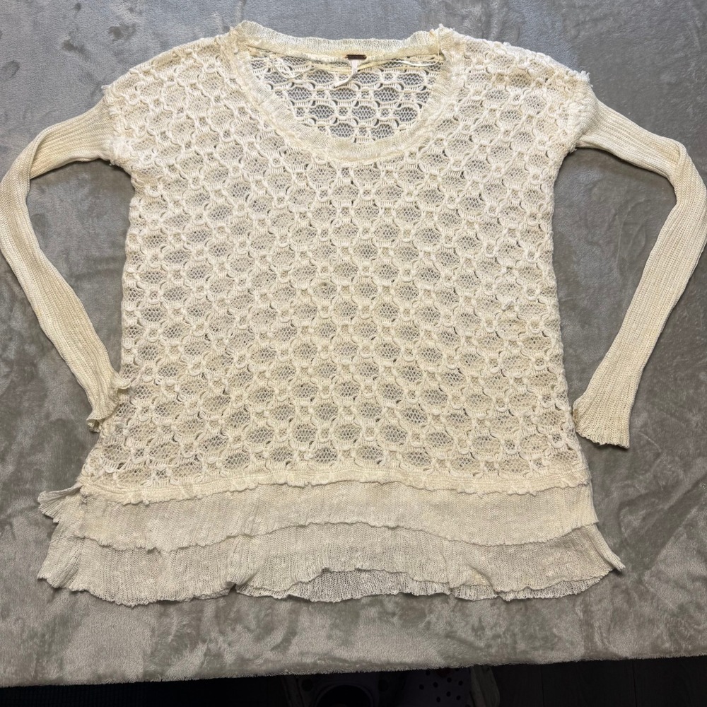 Free People Ivory Crochet Open Knit Ruffle Hem Sweater XS Boho Layering Top